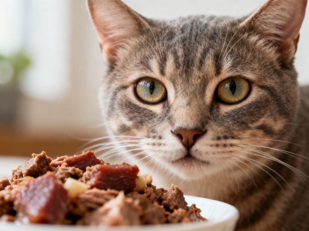 Close-up portrait of Beef and Sardine Cat Food Protein-Rich Simple and Cat-Approved expressive eyes shallow depth of field