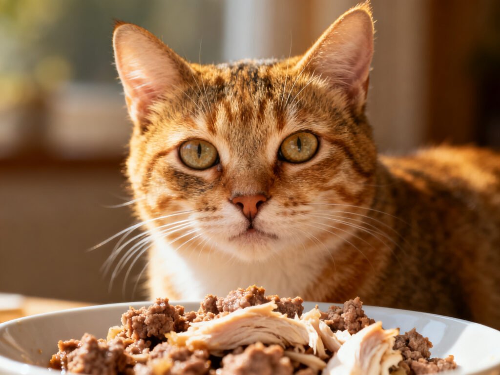 Close-up portrait of Ground Beef and Turkey Cat Food A Simple Protein-Rich Homemade Meal expressive eyes shallow depth of field