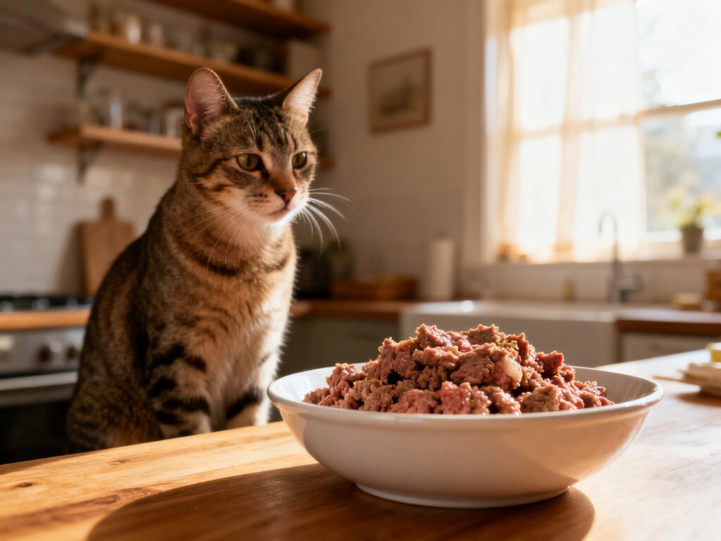 Ground Beef and Turkey Cat Food A Simple Protein-Rich Homemade Meal in a home setting warm natural light candid lifestyle shot