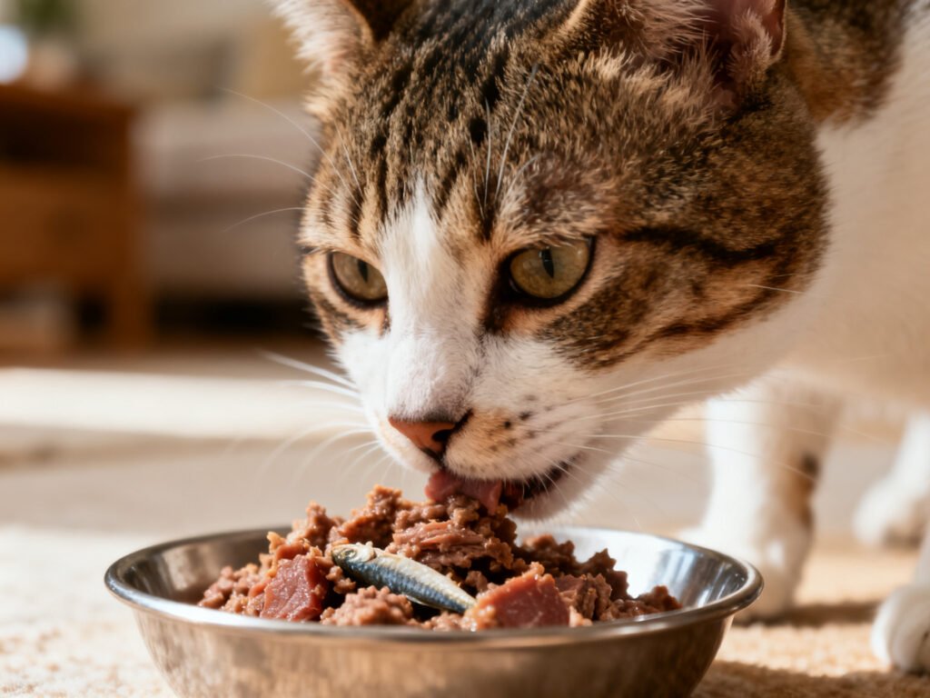 Beef and Sardine Cat Food Protein-Rich Simple and Cat-Approved in a home setting warm natural light candid lifestyle shot