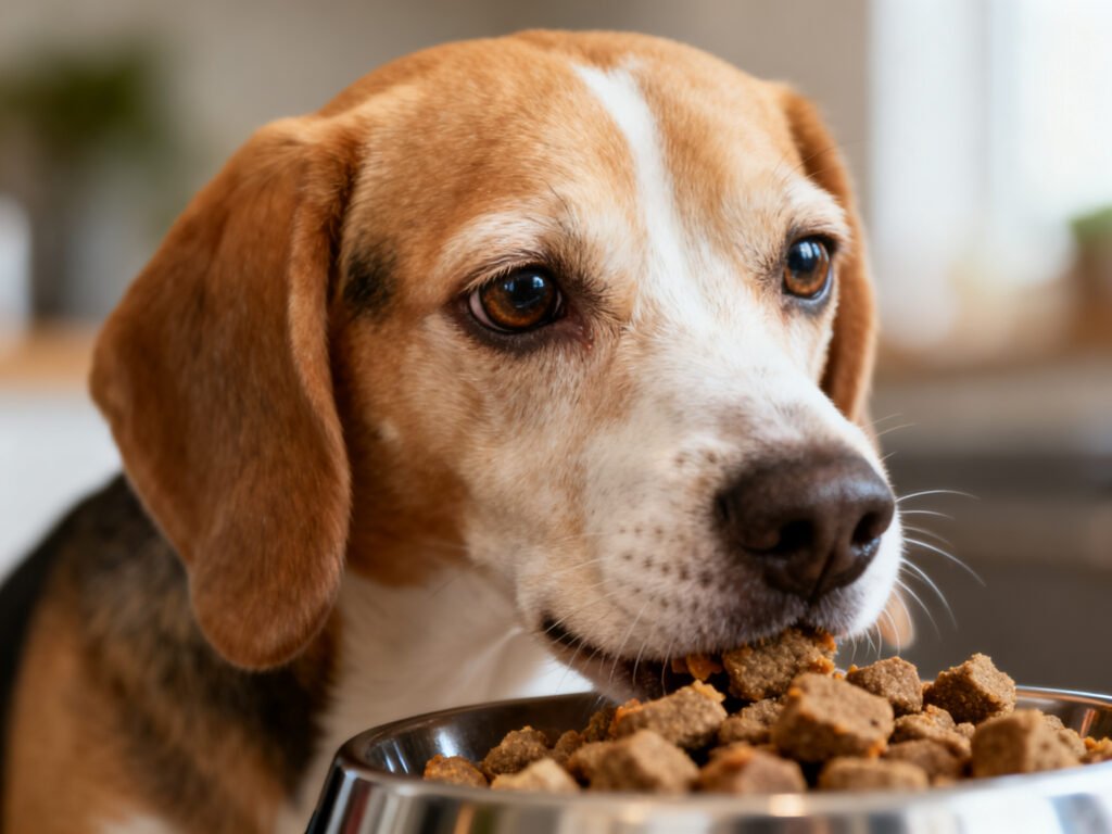 Close-up portrait of Air Fryer Dog Food Using Duck for Dogs With Allergies expressive eyes shallow depth of field