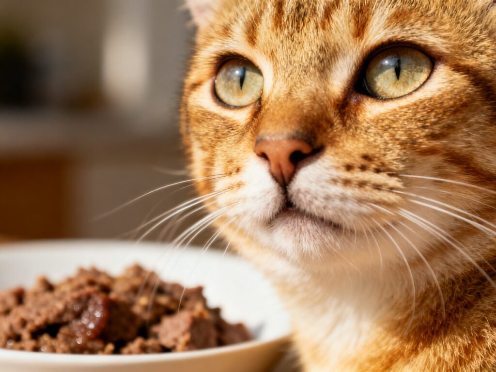 Close-up portrait of Beef and Turkey Liver Cat Meal – A Protein-Rich Homemade Recipe expressive eyes shallow depth of field