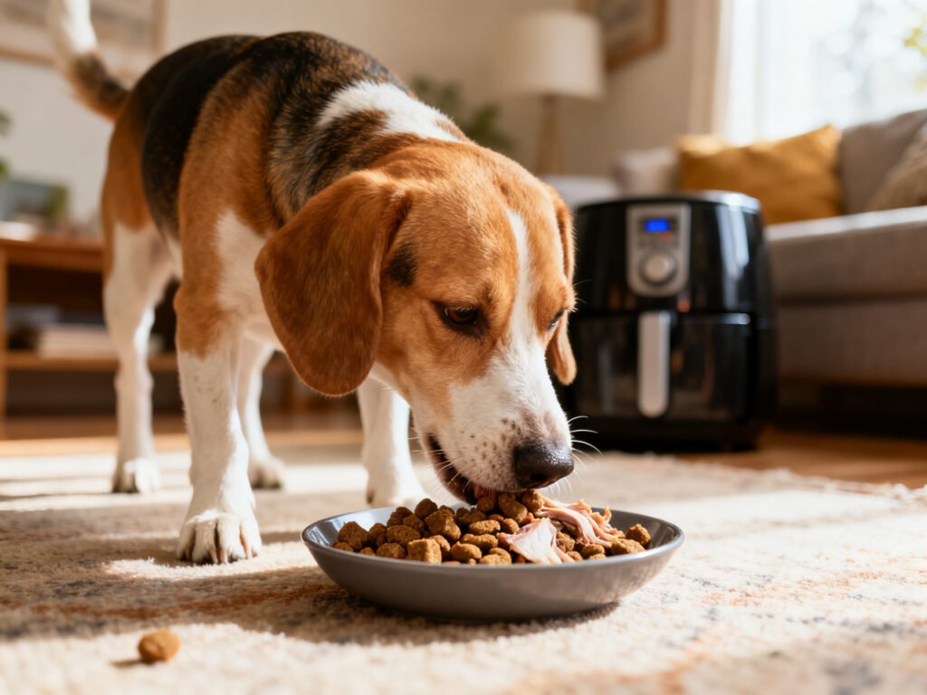 Air Fryer Dog Food Using Duck for Dogs With Allergies in a home setting warm natural light candid lifestyle shot