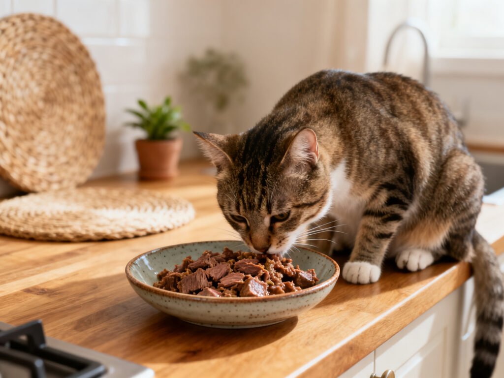 Beef and Turkey Liver Cat Meal – A Protein-Rich Homemade Recipe in a home setting warm natural light candid lifestyle shot
