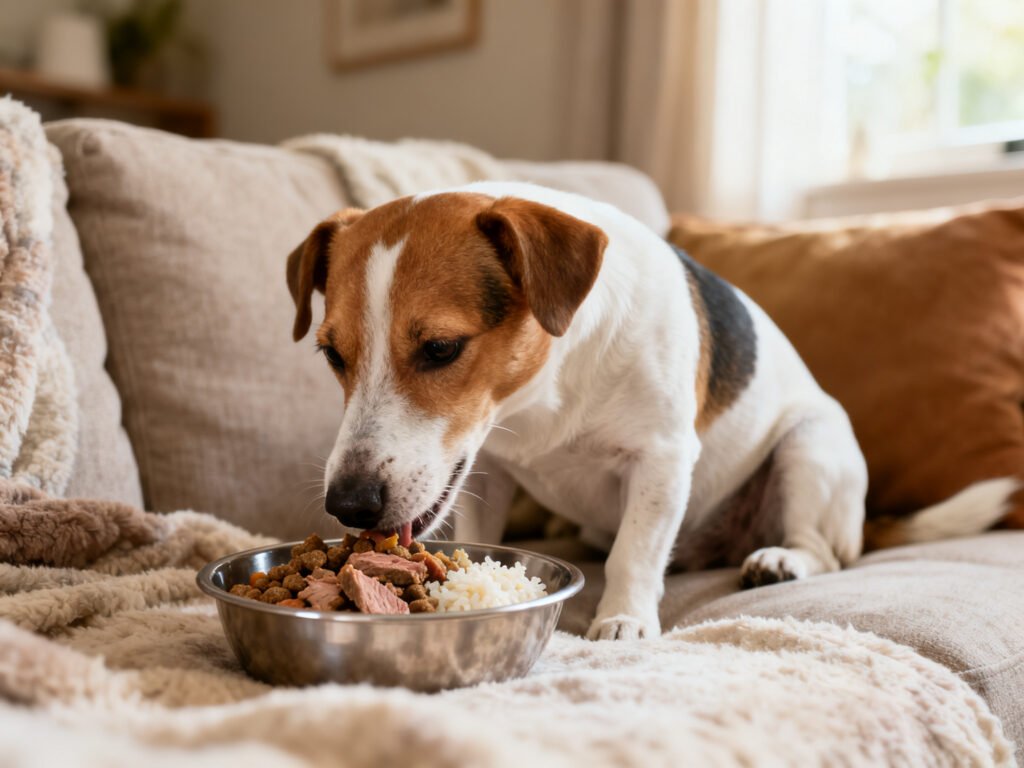 Dog Food With Lamb and Rice for Sensitive Stomachs – Gentle Simple and Tasty in a home setting warm natural light candid lifestyle shot