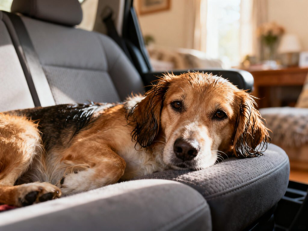 Get Rid Of Wet Dog Smell In Your Car in a home setting warm natural light candid lifestyle shot
