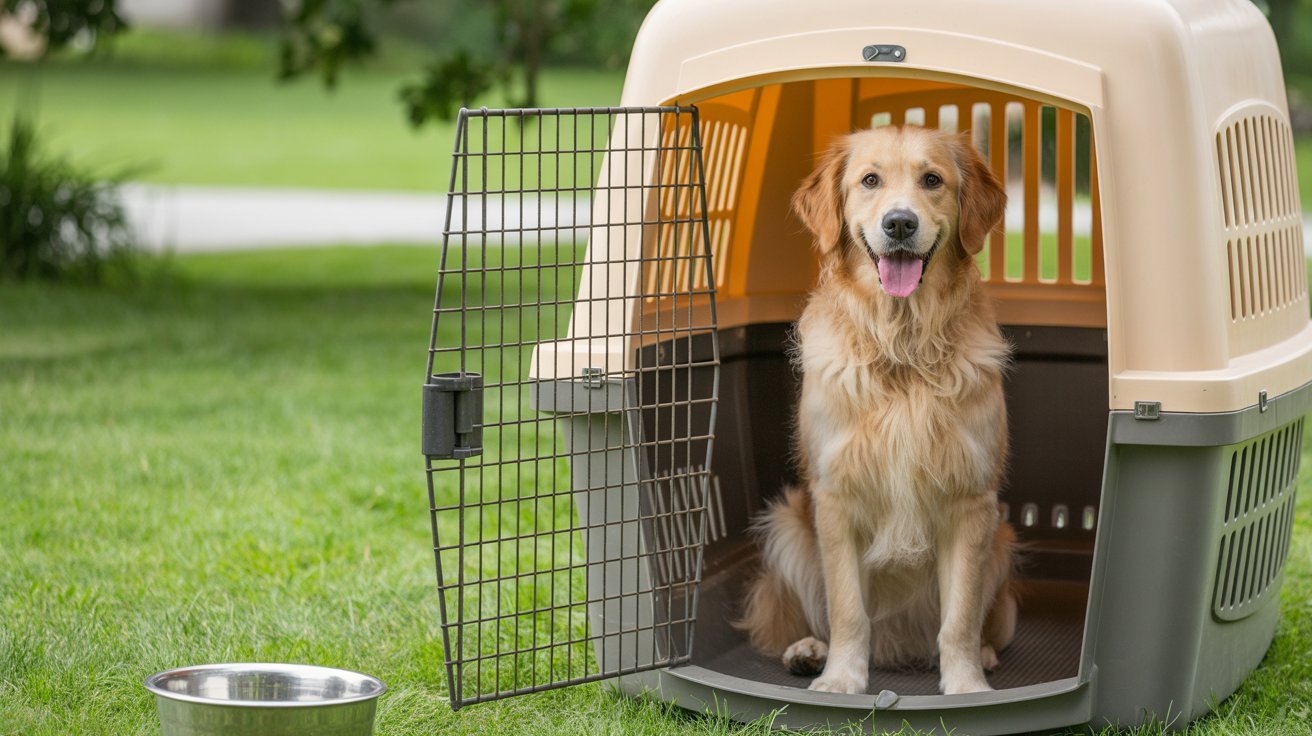 Happy Golden Retriever sitting inside a large travel dog crate on green grass with a metal water bowl nearby.