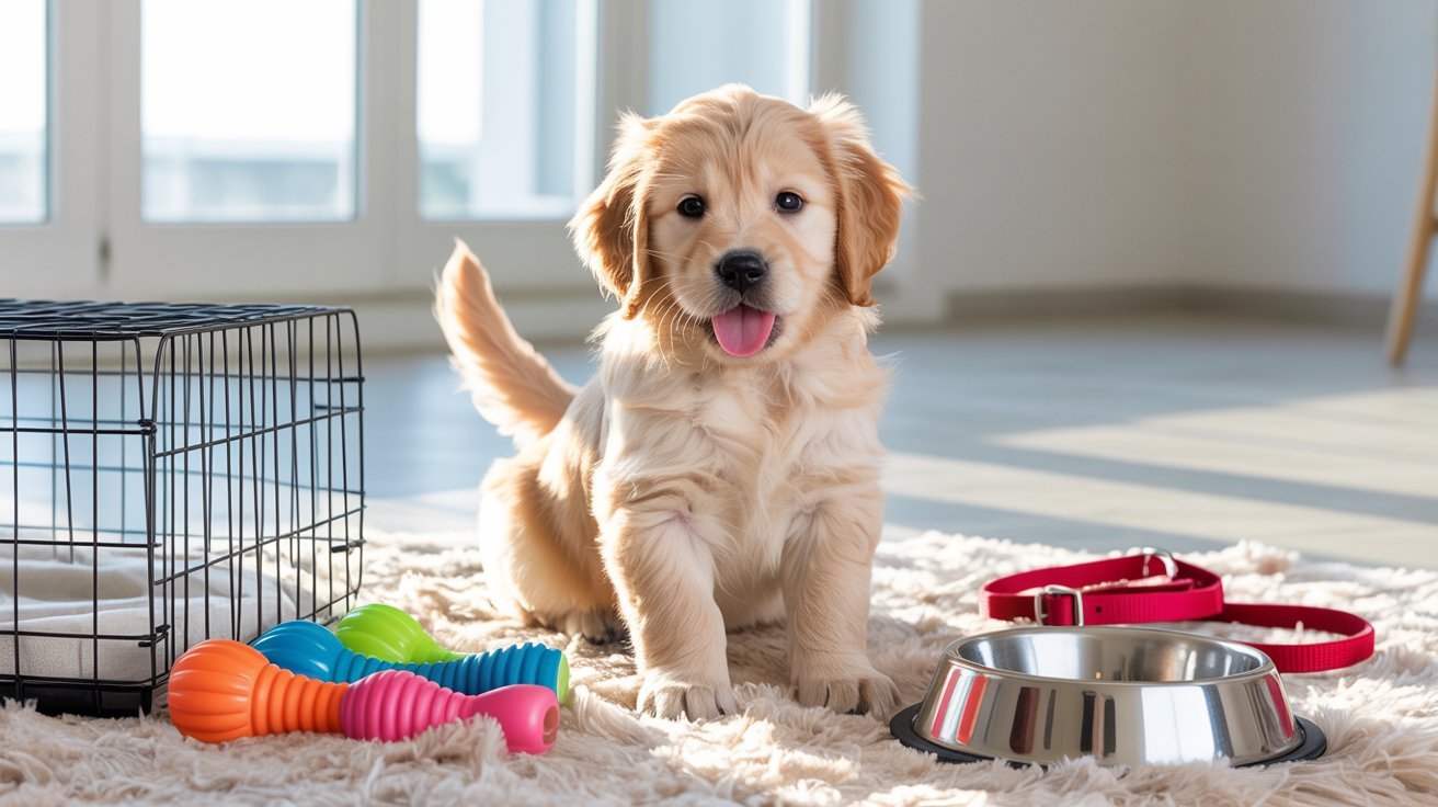 Golden Retriever puppy sitting on a fluffy rug surrounded by colorful chew toys, a metal water bowl, red collar and leash, and a wire dog crate in a bright sunny room.