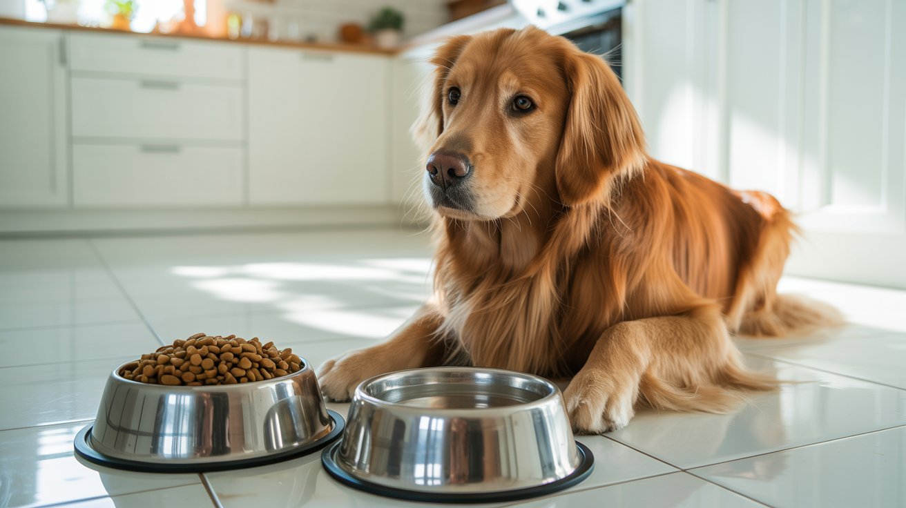 Golden Retriever lying on white kitchen floor next to stainless steel food and water bowls filled with dry dog kibble.