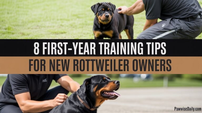 A Rottweiler puppy and adult Rottweiler being trained outdoors on grass by a person demonstrating proper dog training techniques.