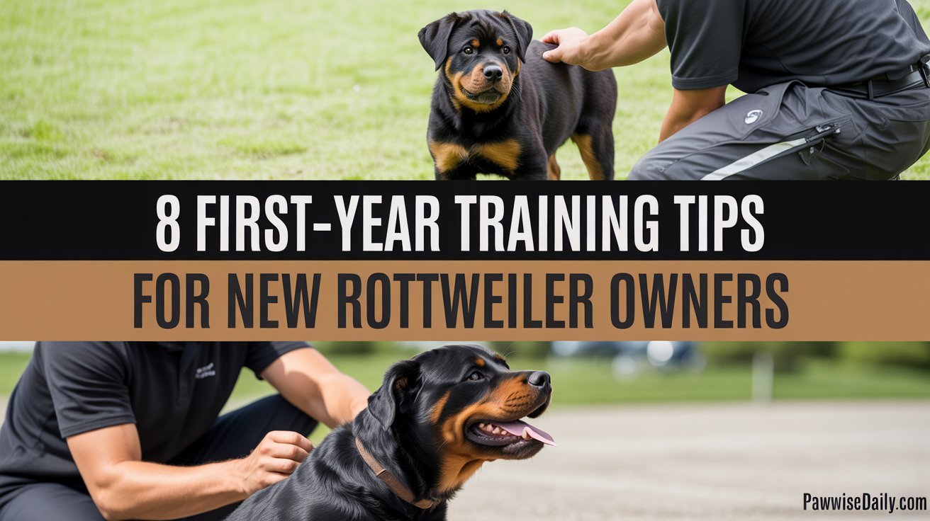 A Rottweiler puppy and adult Rottweiler being trained outdoors on grass by a person demonstrating proper dog training techniques.