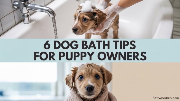 Adorable golden puppy getting a bath with soapy bubbles on its head in a white bathtub while another puppy wrapped in a cozy towel looks at the camera with big eyes.