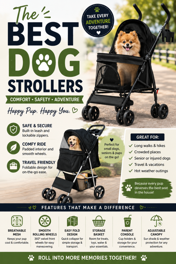 A fluffy Pomeranian sitting happily in a black pet stroller on a park path, with a Golden Retriever shown in a similar dog stroller below.