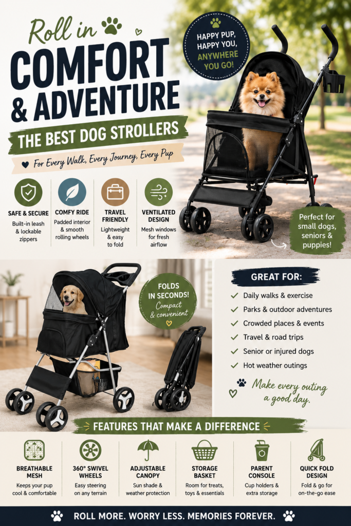 A fluffy Pomeranian dog sitting happily in a black pet stroller with mesh windows on a sunny outdoor path, alongside a golden retriever in a similar folding dog stroller with storage basket.