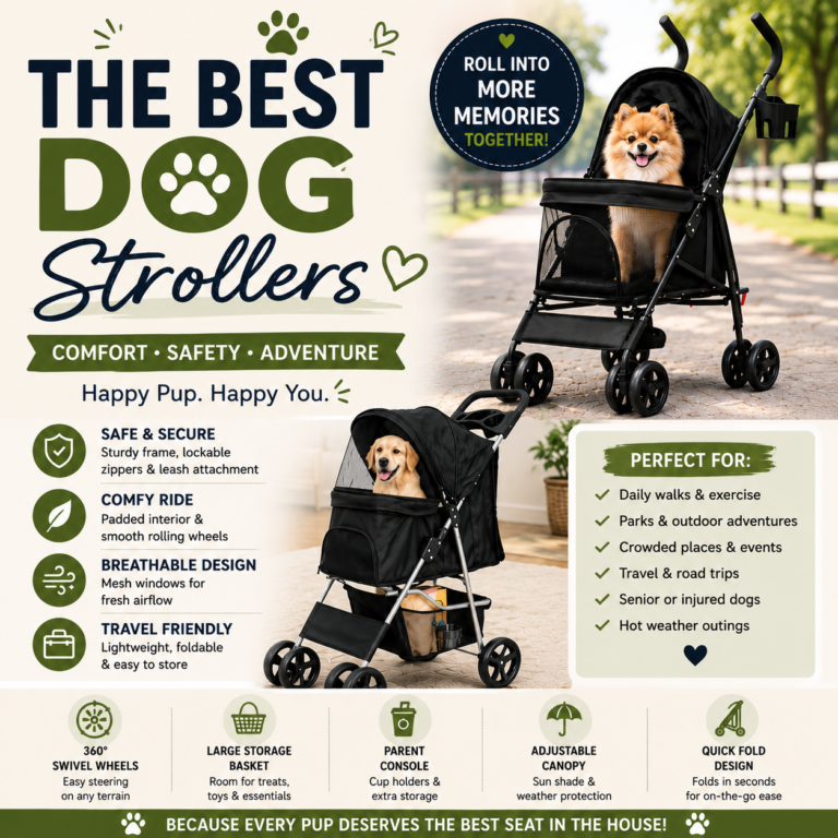 A fluffy Pomeranian sitting happily in a black pet stroller on a park path, with a Golden Retriever shown in another dog stroller below.