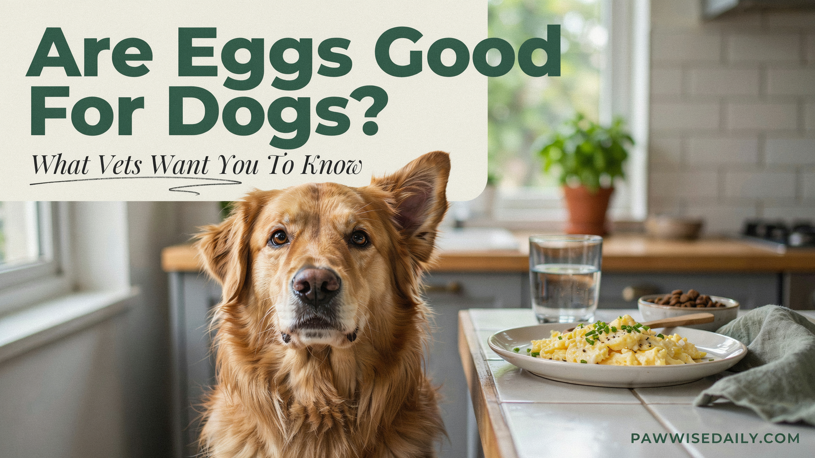 Golden Retriever sitting at a kitchen counter looking at a plate of scrambled eggs with hopeful eyes.