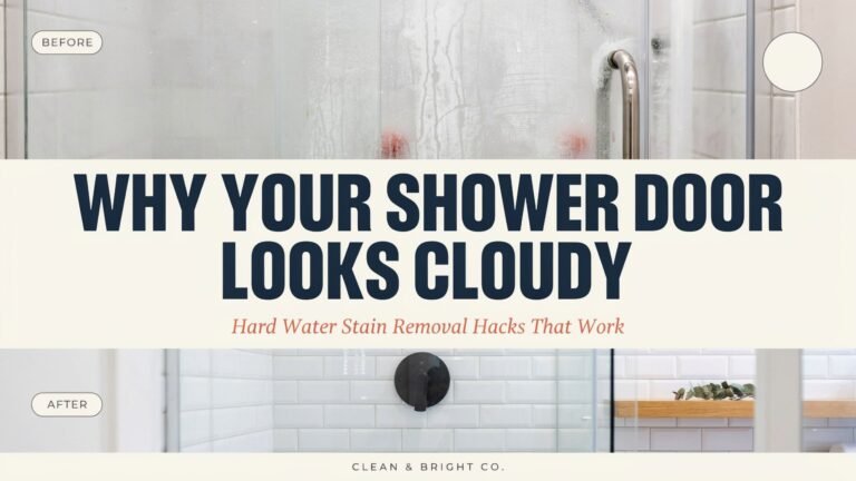 Before and after comparison of a glass shower door showing cloudy hard water stains transformed to sparkling clean, with white subway tile bathroom and black fixtures.