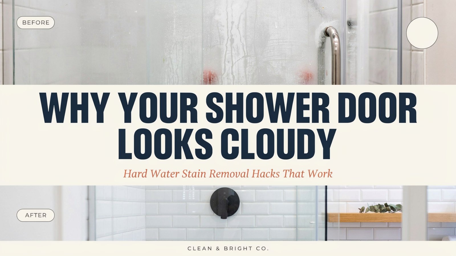 Before and after comparison of a glass shower door showing cloudy hard water stains transformed to sparkling clean, with white subway tile bathroom and black fixtures.