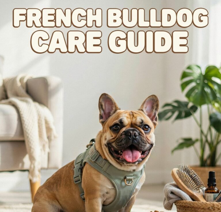 Happy fawn French Bulldog wearing a green harness sitting in a bright living room surrounded by dog food, toys, grooming brushes, and pet care supplies.