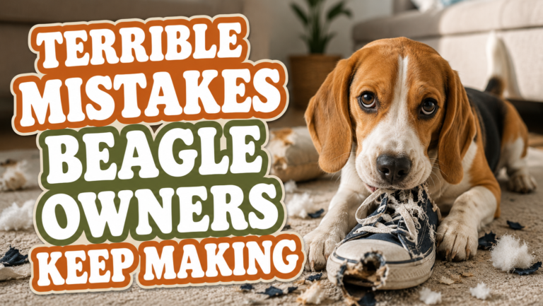 A beagle with guilty eyes lying on a carpet chewing a destroyed sneaker with stuffing scattered around in a cozy living room setting.