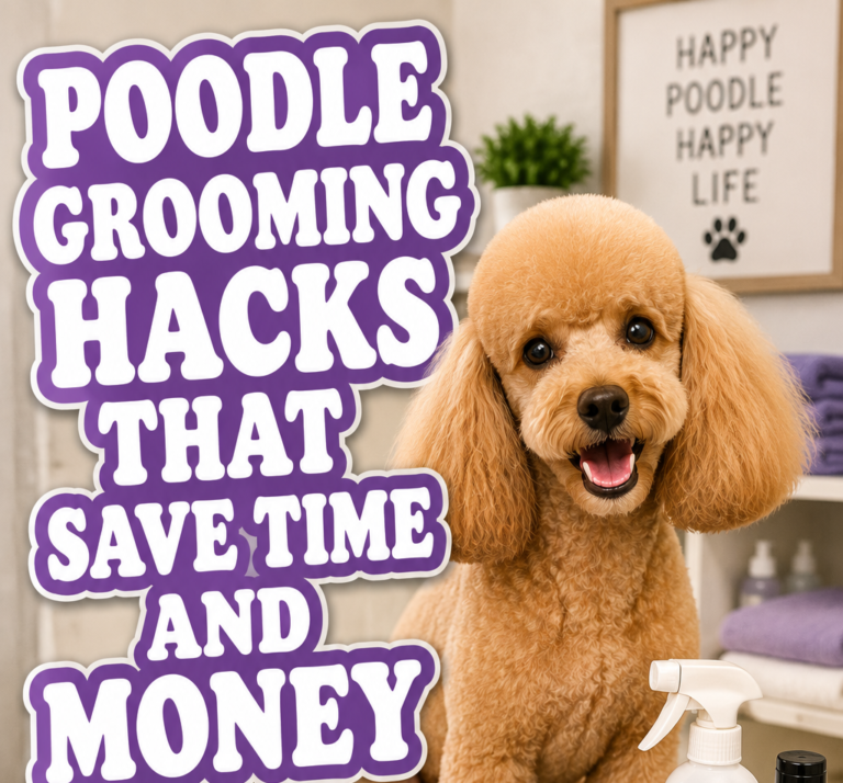 A happy apricot poodle with a fluffy groomed coat sitting on a grooming table surrounded by dog grooming supplies including a slicker brush, scissors, comb, detangling spray, and shampoo bottles.